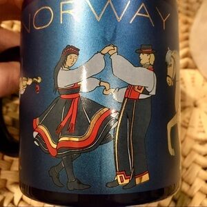 Norway mug. Cobalt blue coffee mug from Norway. Gold dancers. Waynor